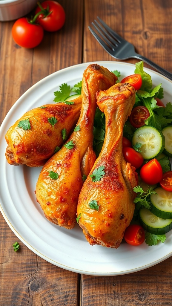 Baked chicken drumsticks on a plate with parsley and a fresh salad on a wooden table.